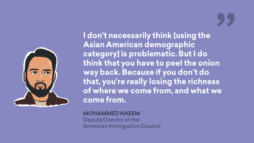 I don't necessarily think [using the Asian American demographic category] is problematic. Bud I do think that you have to peel the onion way back. Because if you don't do that, you're really losing the richness of where we come from, and what we come from. - Mohammed Naeem, Deputy Director at the American Immigration Council Quote Graphic